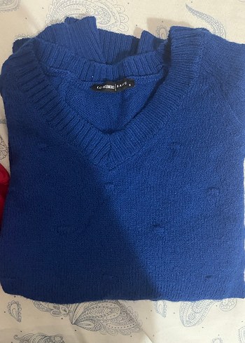 Kadın Mavi-Kırmızı Triko kazak - Görsel 3