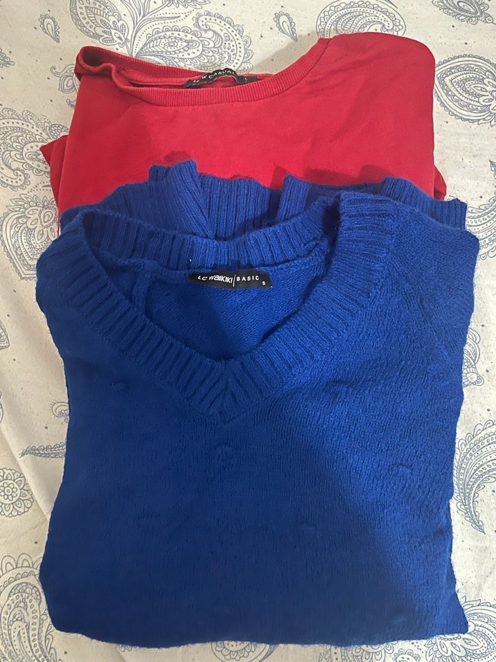 Kadın Mavi-Kırmızı Triko kazak - Görsel 4