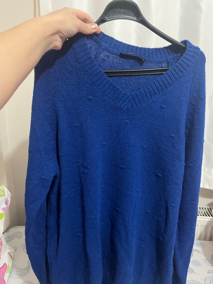 Kadın Mavi-Kırmızı Triko kazak - Görsel 5