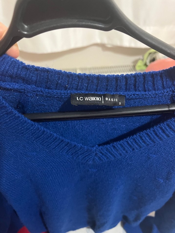 Kadın Mavi-Kırmızı Triko kazak - Görsel 2