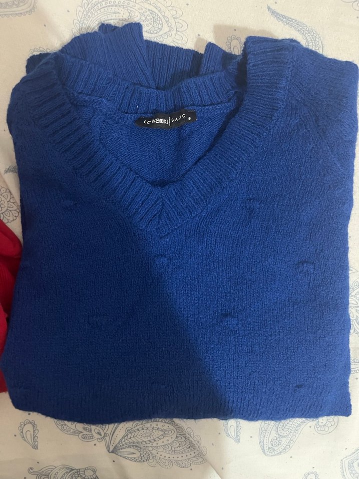 Kadın Mavi-Kırmızı Triko kazak - Görsel 3