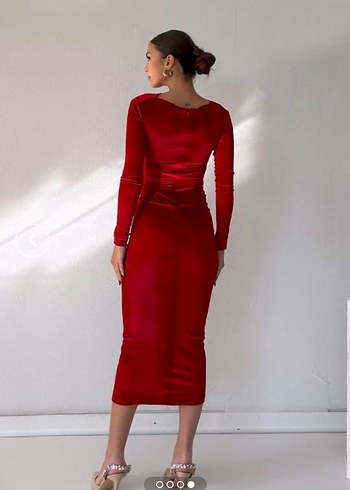 Kırmızı Uzun Kollu Drapeli Abiye Elbise - Görsel 4