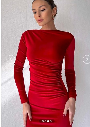 Kırmızı Uzun Kollu Drapeli Abiye Elbise - Görsel 2