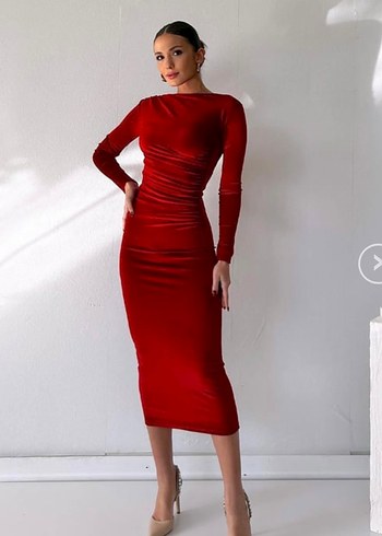 Kırmızı Uzun Kollu Drapeli Abiye Elbise - Görsel 3