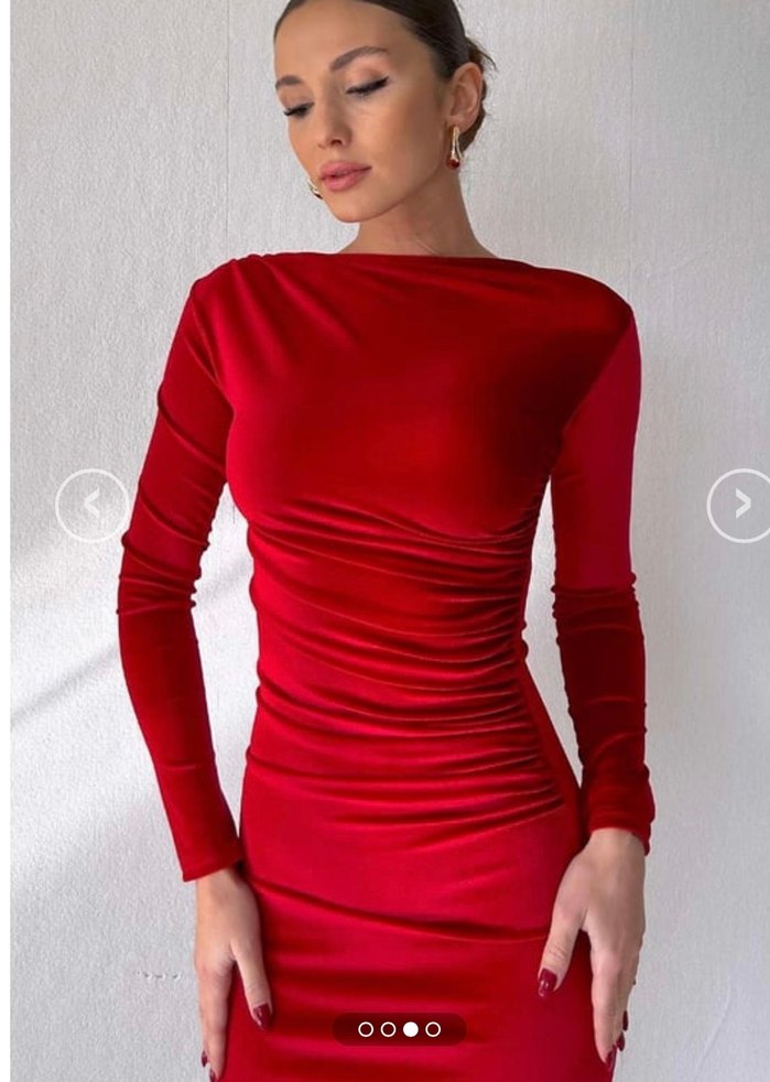 Kırmızı Uzun Kollu Drapeli Abiye Elbise - Görsel 2