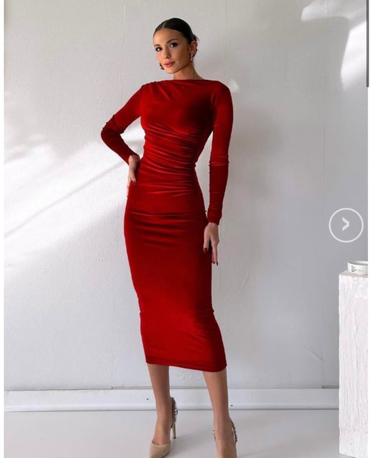 Kırmızı Uzun Kollu Drapeli Abiye Elbise - Görsel 3