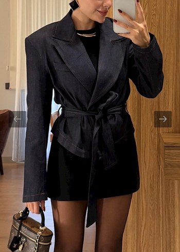 Kemerli Siyah Kısa Denim Blazer - Görsel 6