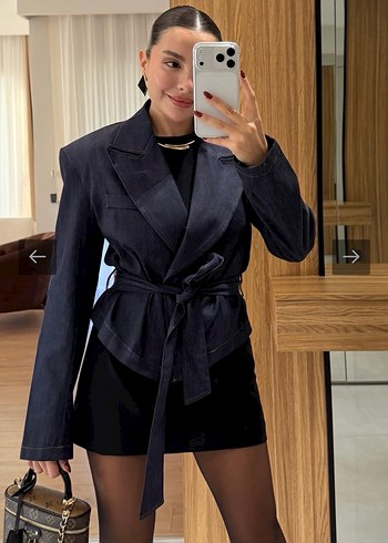 Kemerli Siyah Kısa Denim Blazer - Görsel 2