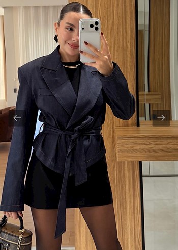 Kemerli Siyah Kısa Denim Blazer - Görsel 3