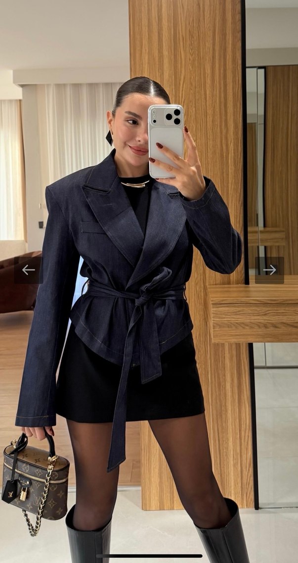 Kemerli Siyah Kısa Denim Blazer - Görsel 2