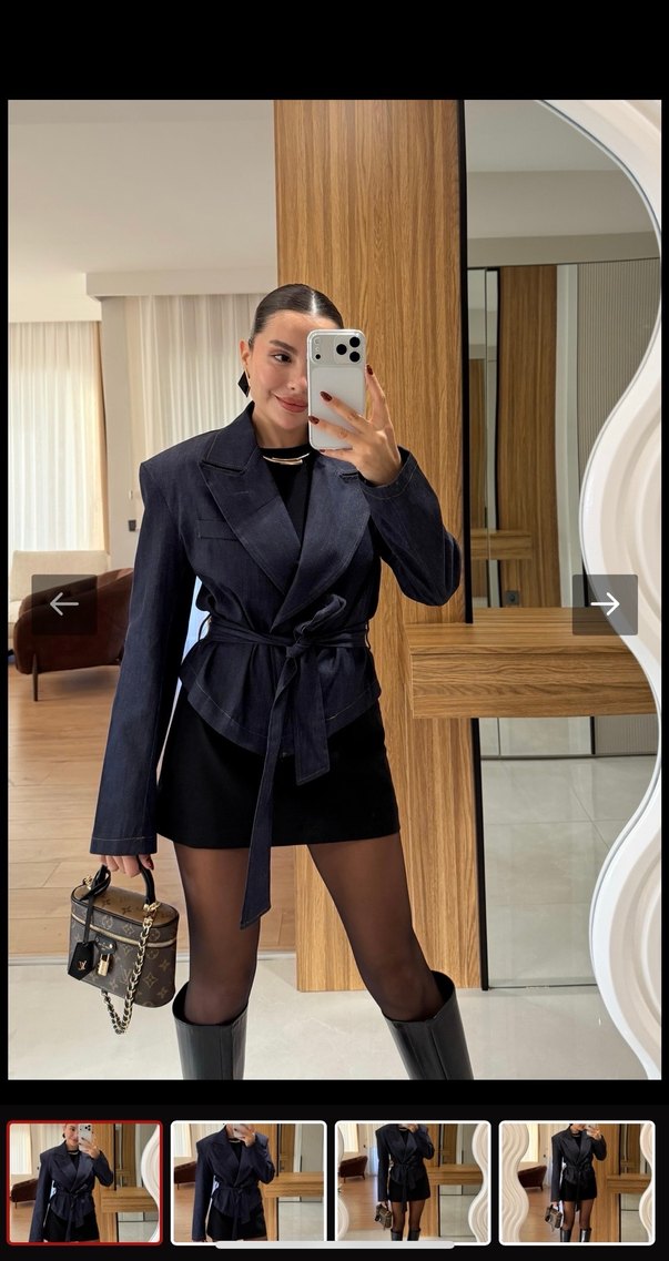 Kemerli Siyah Kısa Denim Blazer - Görsel 5