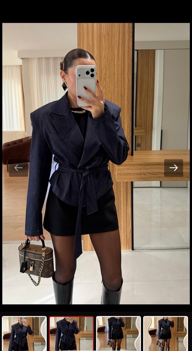 Kemerli Siyah Kısa Denim Blazer - Görsel 4