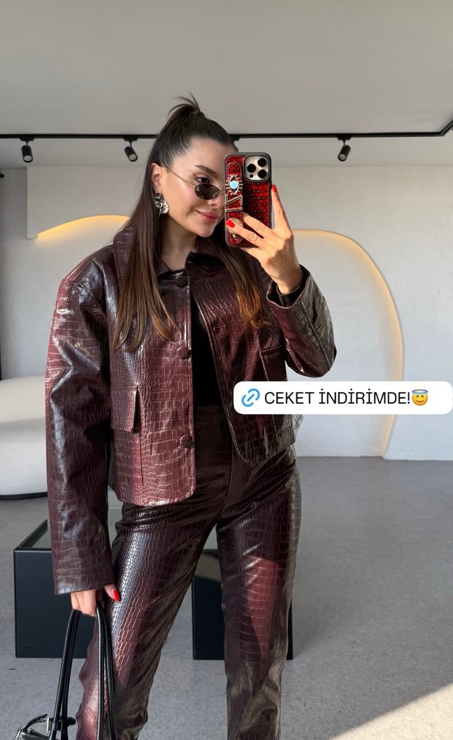Bordo krkodil ceket - Görsel 4