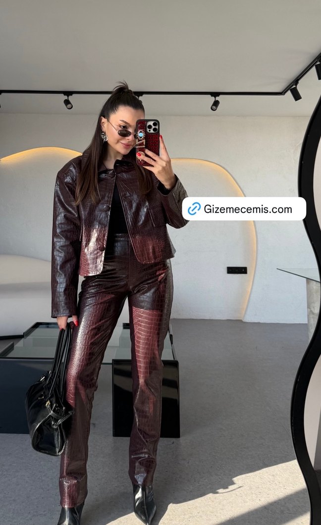 Bordo krkodil ceket - Görsel 3