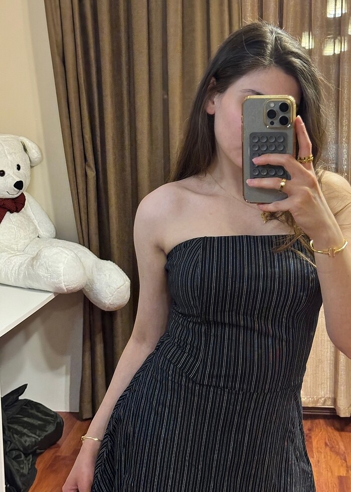 Lacivert-Beyaz Çizgili korseli elbise - Görsel 2