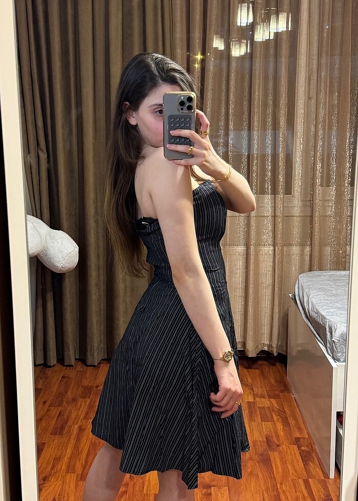 Lacivert-Beyaz Çizgili korseli elbise - Görsel 3