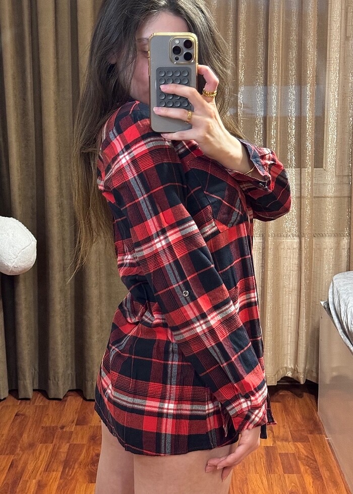 Kırmızı siyah ekoseli flanel gömlek - Görsel 3