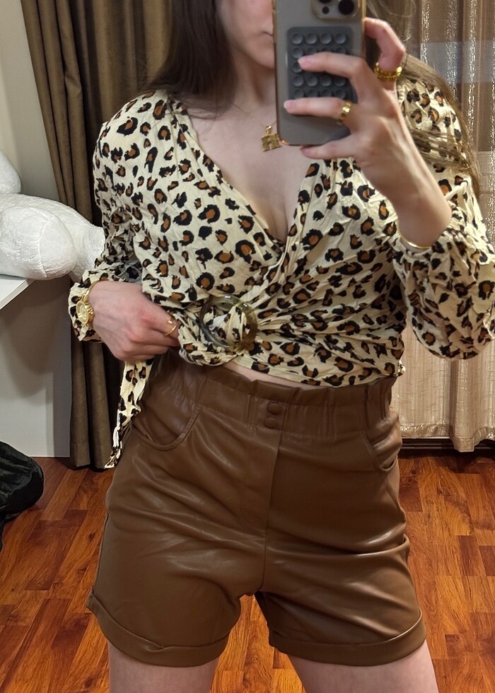 Kahverengi deri şort - Görsel 3