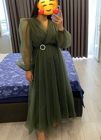 xl Beden Özel dikim haki tül elbise