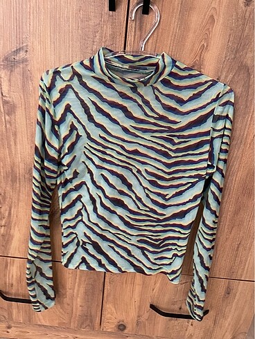 m Beden Yeşil zebra desen ince transparan bluz