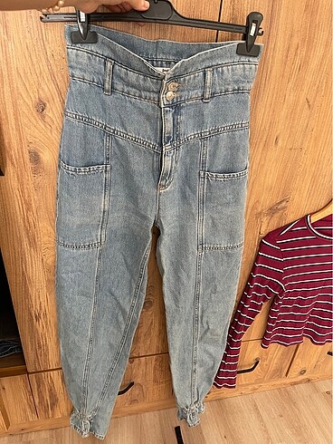 34 Beden mavi Renk Ultra yüksek bel paperbag jean