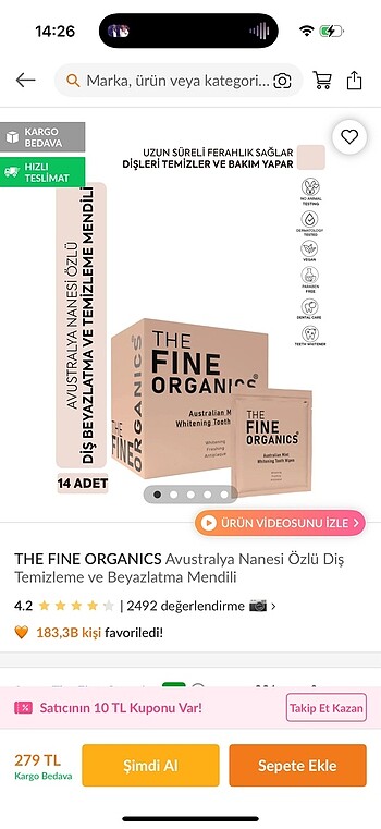 Fine cosmetic organik diş temizleme mendili
