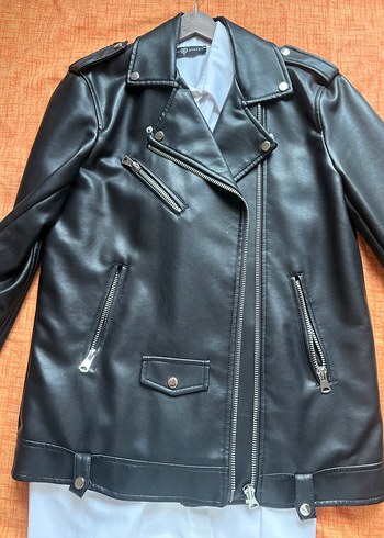 Stradivarius Siyah Parlak Deri Biker Ceket unisex