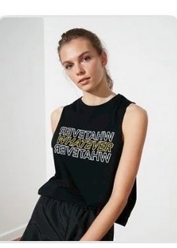 Siyah Baskılı Crop Tişört Kadın Spor Üstü - Görsel 2