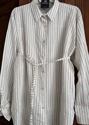 Bej Çizgili Kadın Keten Gömlek - Görsel 2