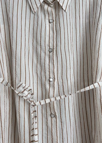 Bej Çizgili Kadın Keten Gömlek - Görsel 4