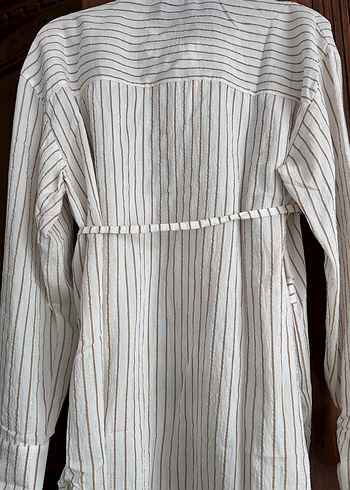 Bej Çizgili Kadın Keten Gömlek - Görsel 5