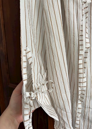 Bej Çizgili Kadın Keten Gömlek - Görsel 3