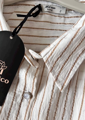 Bej Çizgili Kadın Keten Gömlek - Görsel 6