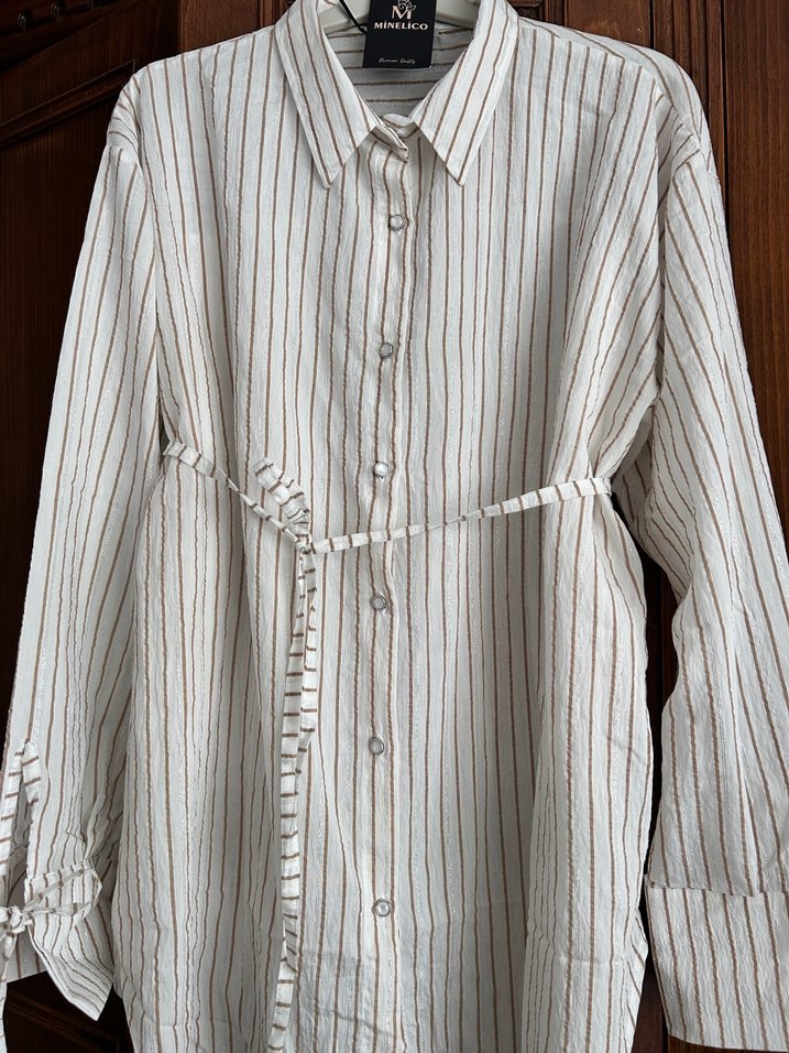 Bej Çizgili Kadın Keten Gömlek - Görsel 2