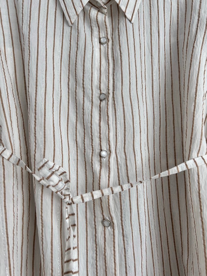 Bej Çizgili Kadın Keten Gömlek - Görsel 4
