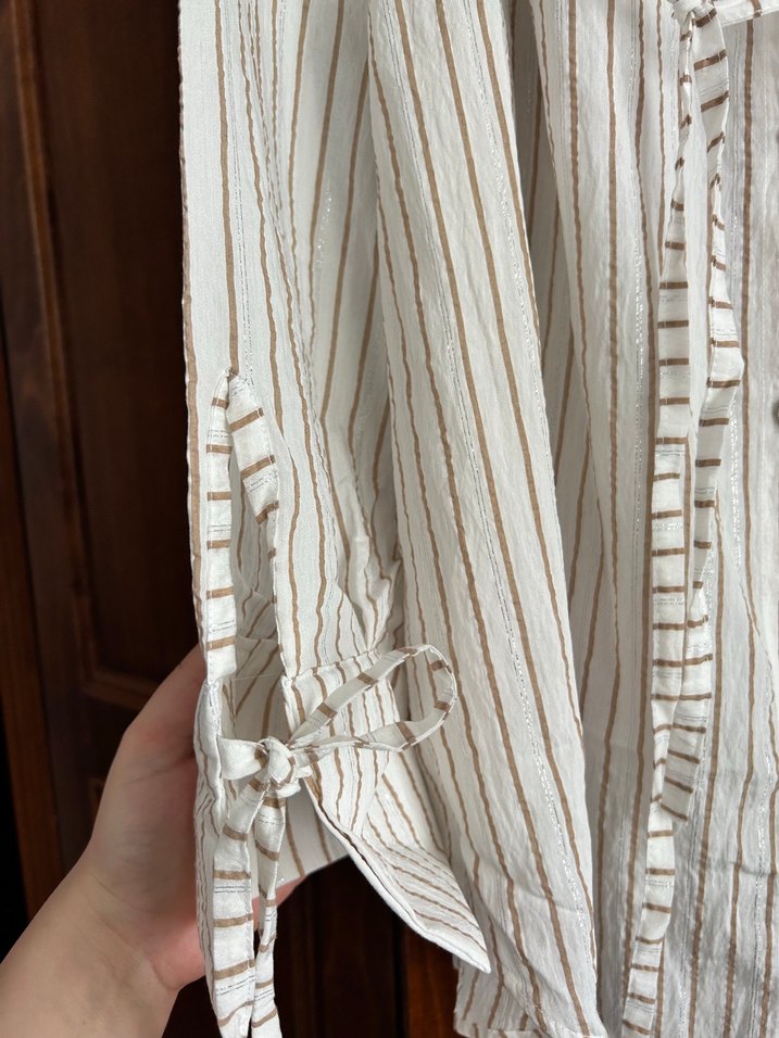 Bej Çizgili Kadın Keten Gömlek - Görsel 3