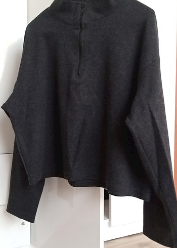 Yarım Fermuarlı Siyah Yün Sweatshirt