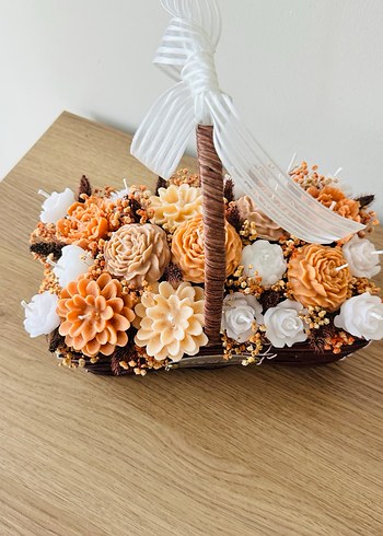 Kahverengi Çiçekli Hasır Sepet kokulu mum buketi - Görsel 6