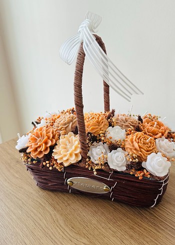 Kahverengi Çiçekli Hasır Sepet kokulu mum buketi - Görsel 5