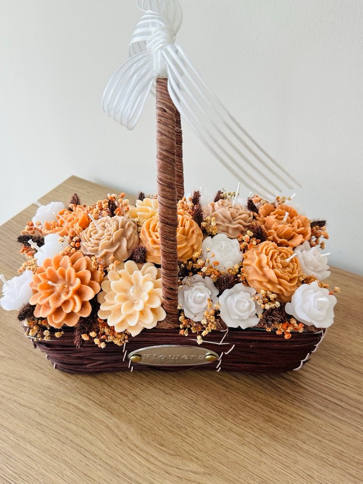 Kahverengi Çiçekli Hasır Sepet kokulu mum buketi - Görsel 4