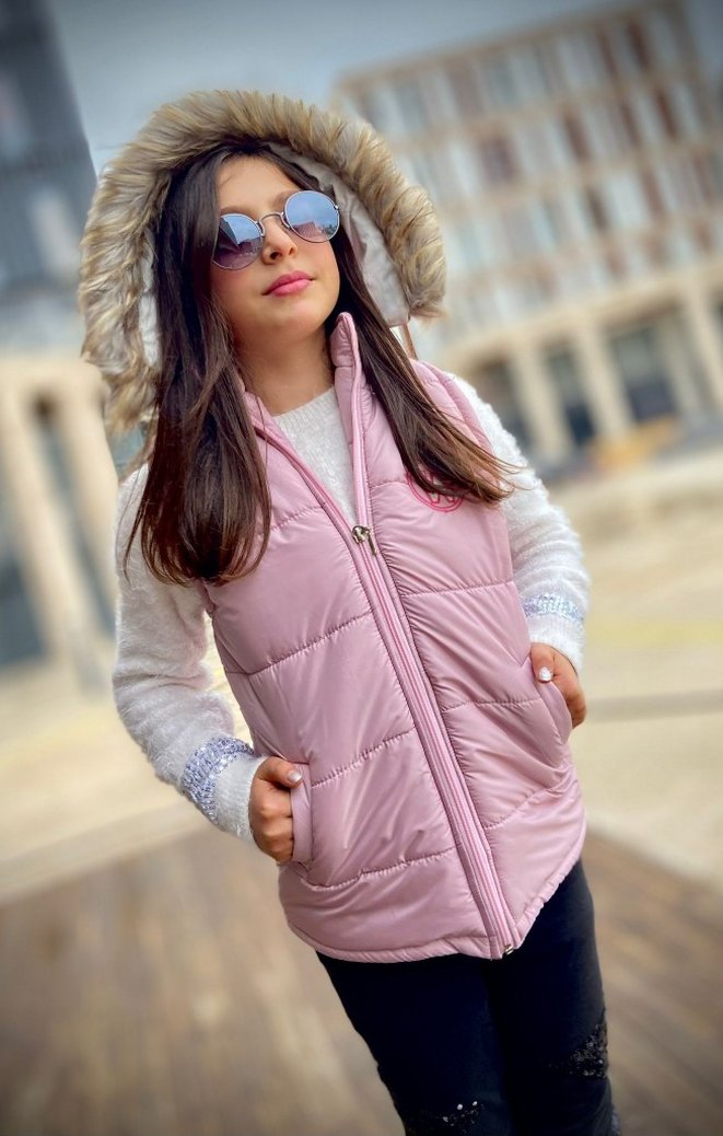 çocuk Pembe Kürklü Kış Montu - Görsel 2