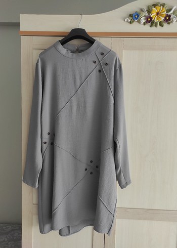 Düğmeli Uzun Kollu Gri Keten Tunik - Görsel 8