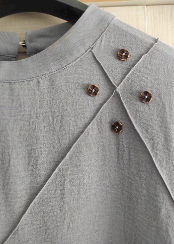 Düğmeli Uzun Kollu Gri Keten Tunik - Görsel 7