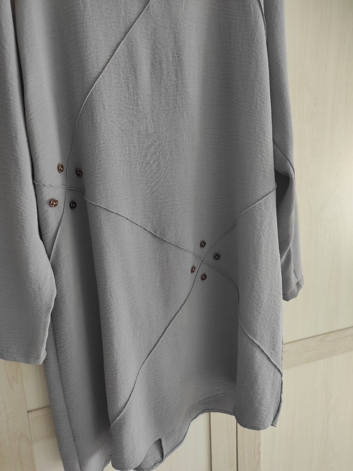 Düğmeli Uzun Kollu Gri Keten Tunik - Görsel 2
