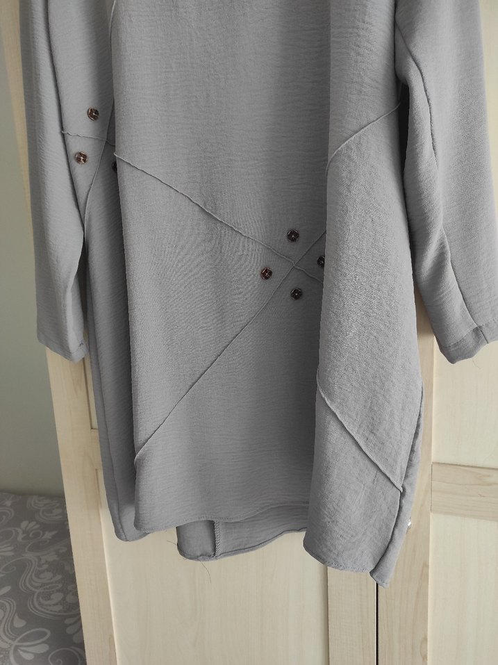Düğmeli Uzun Kollu Gri Keten Tunik - Görsel 5