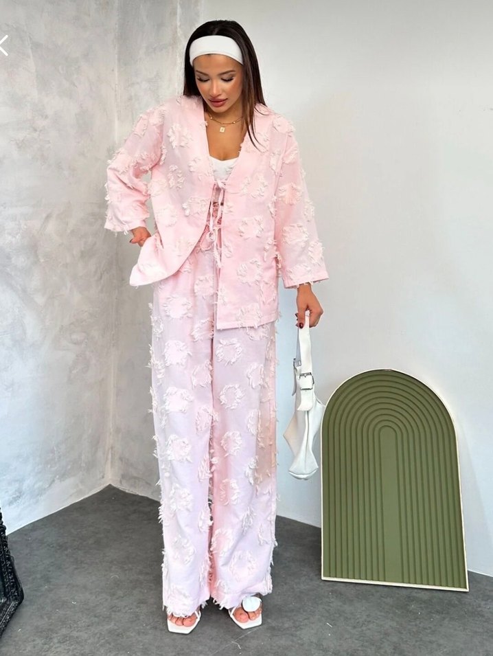 Kadın önden bağlamalı keten takım - Görsel 3