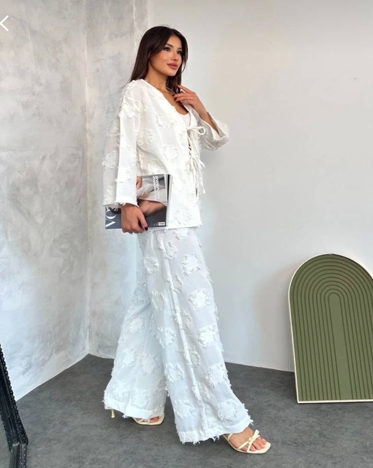 Kadın önden bağlamalı keten takım - Görsel 2