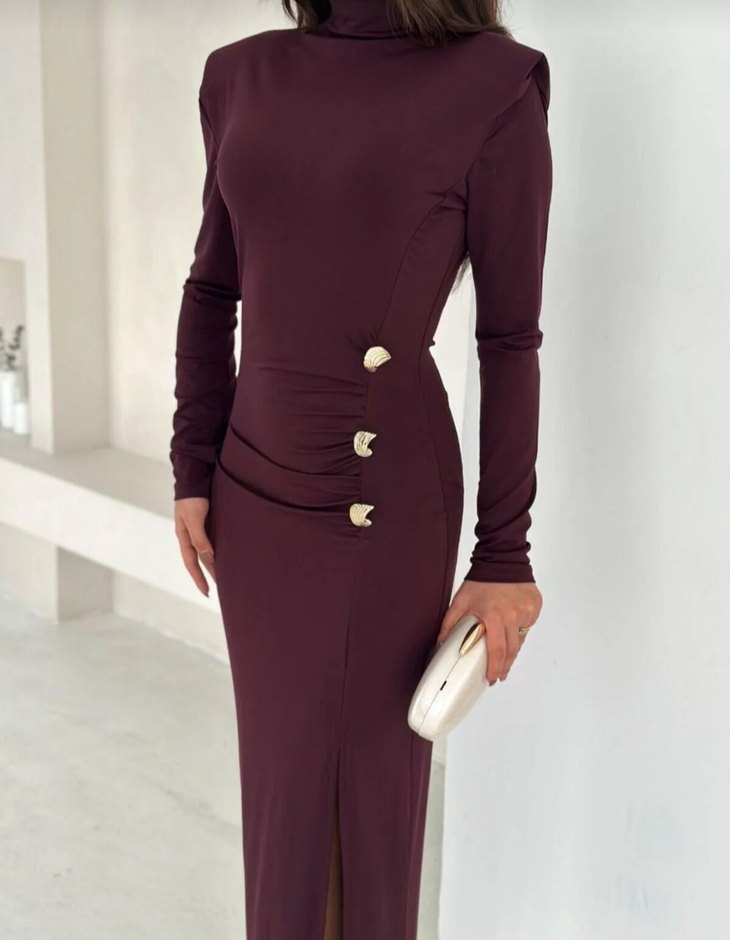 Altın Düğme Detaylı Davet Elbisesi - Görsel 3