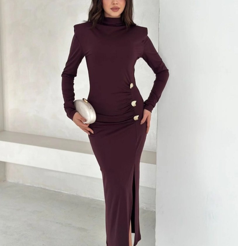 Altın Düğme Detaylı Davet Elbisesi - Görsel 2