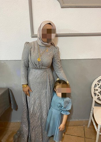 Gri Uzun Kollu Drapeli Tesettür Abiye